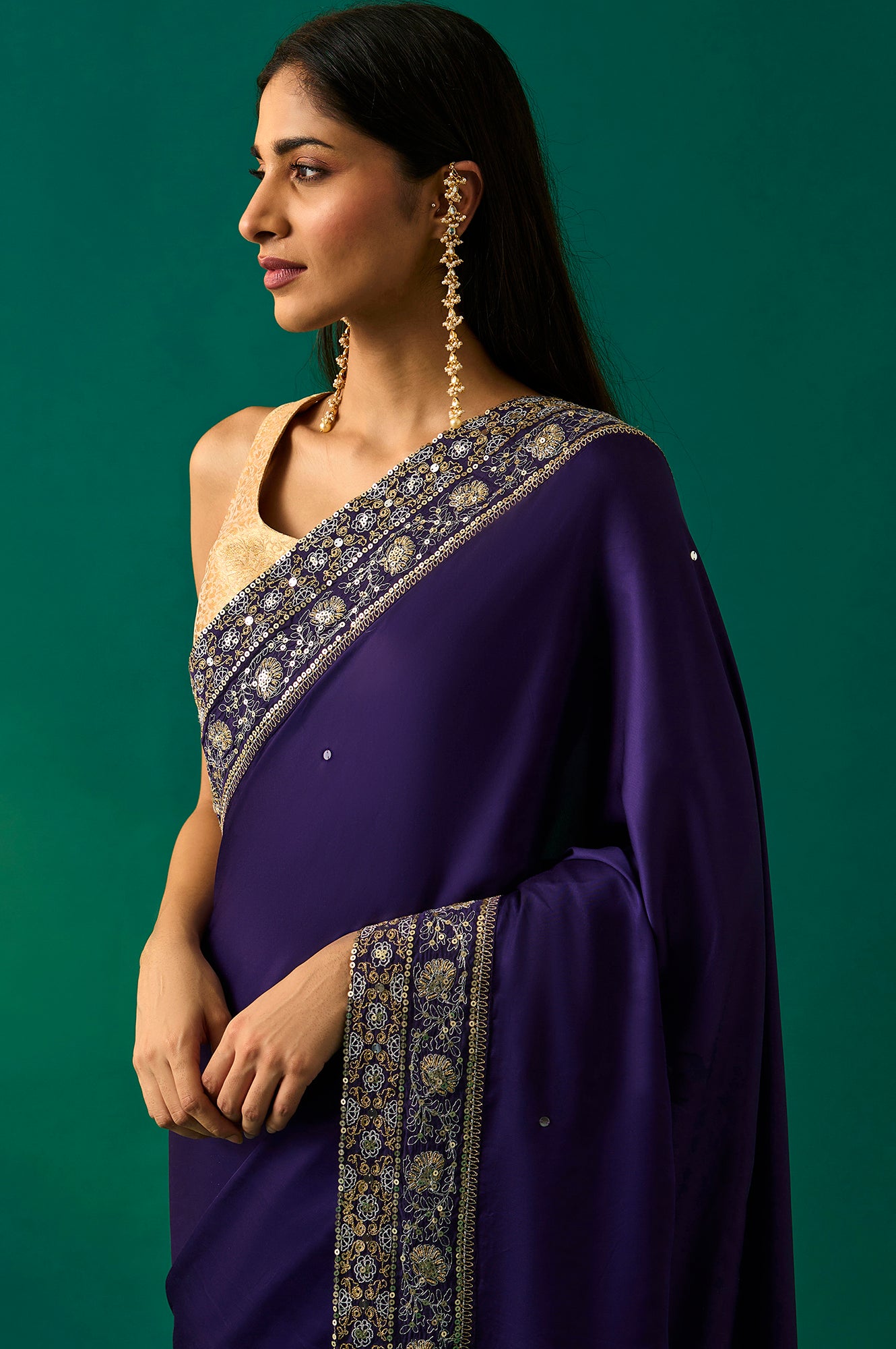 Purple Embroidered Zari Work Banarasi Satin Saree with Unstitched Blouse