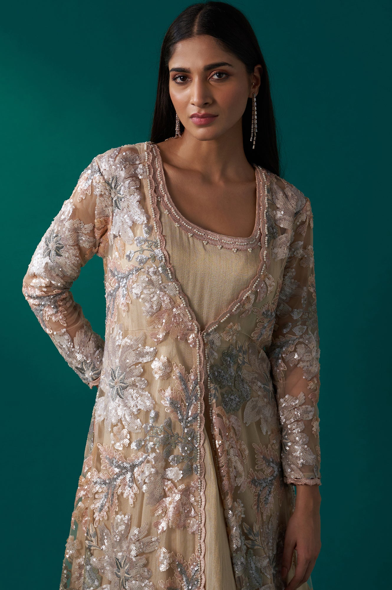 Beige Sequin Embroidered Long Jacket, Anarkali Dress and Churidar Set