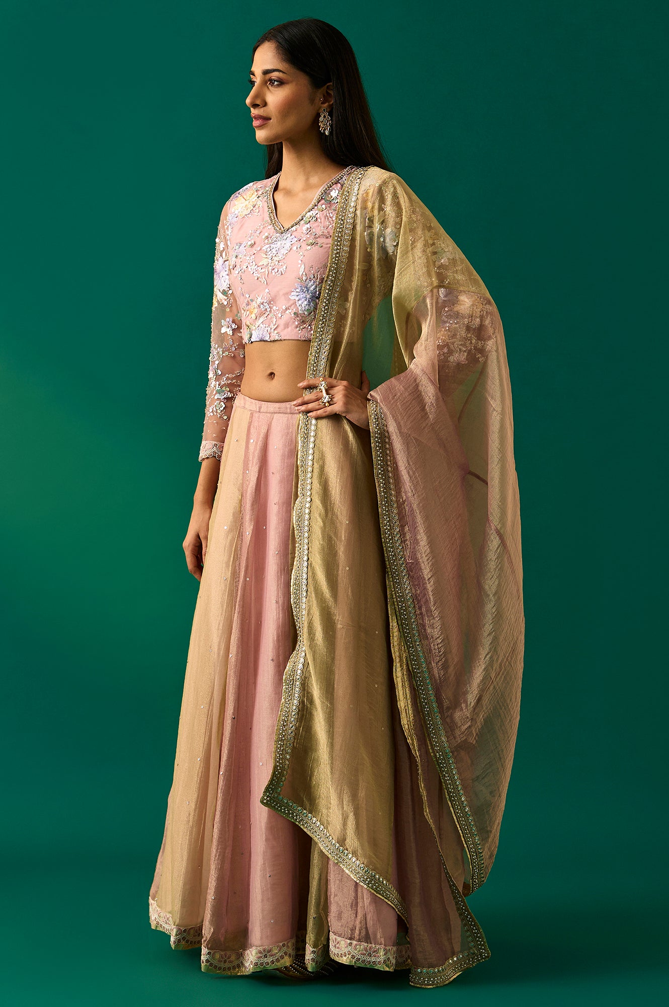 Pink Embroidered Tissue Blouse with Skirt and Dupatta Set