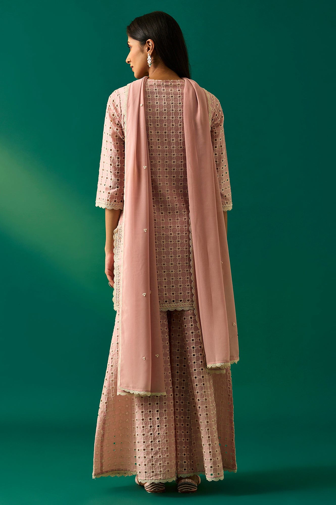 Pink Embroidered Schiffli Straight Short and Sharara Set with Dupatta Set