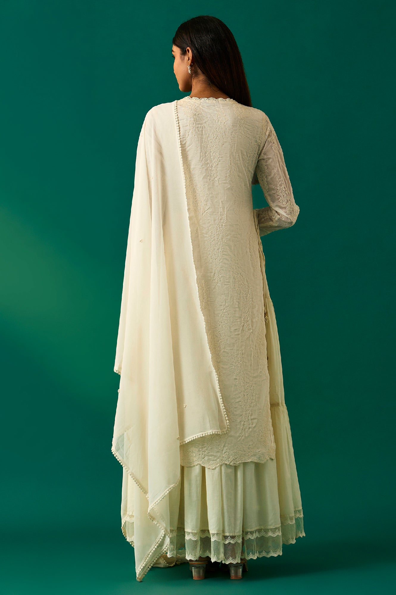 White Embroidered Mock Layer Tiered Dress and Dupatta Set
