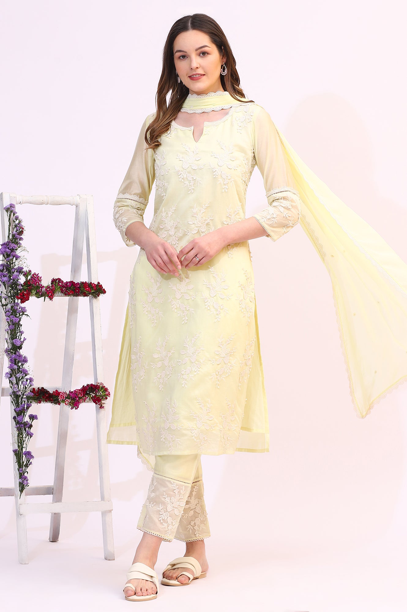 Lime Yellow Thread Embroidered Straight Kurta, Pants and Dupatta Set