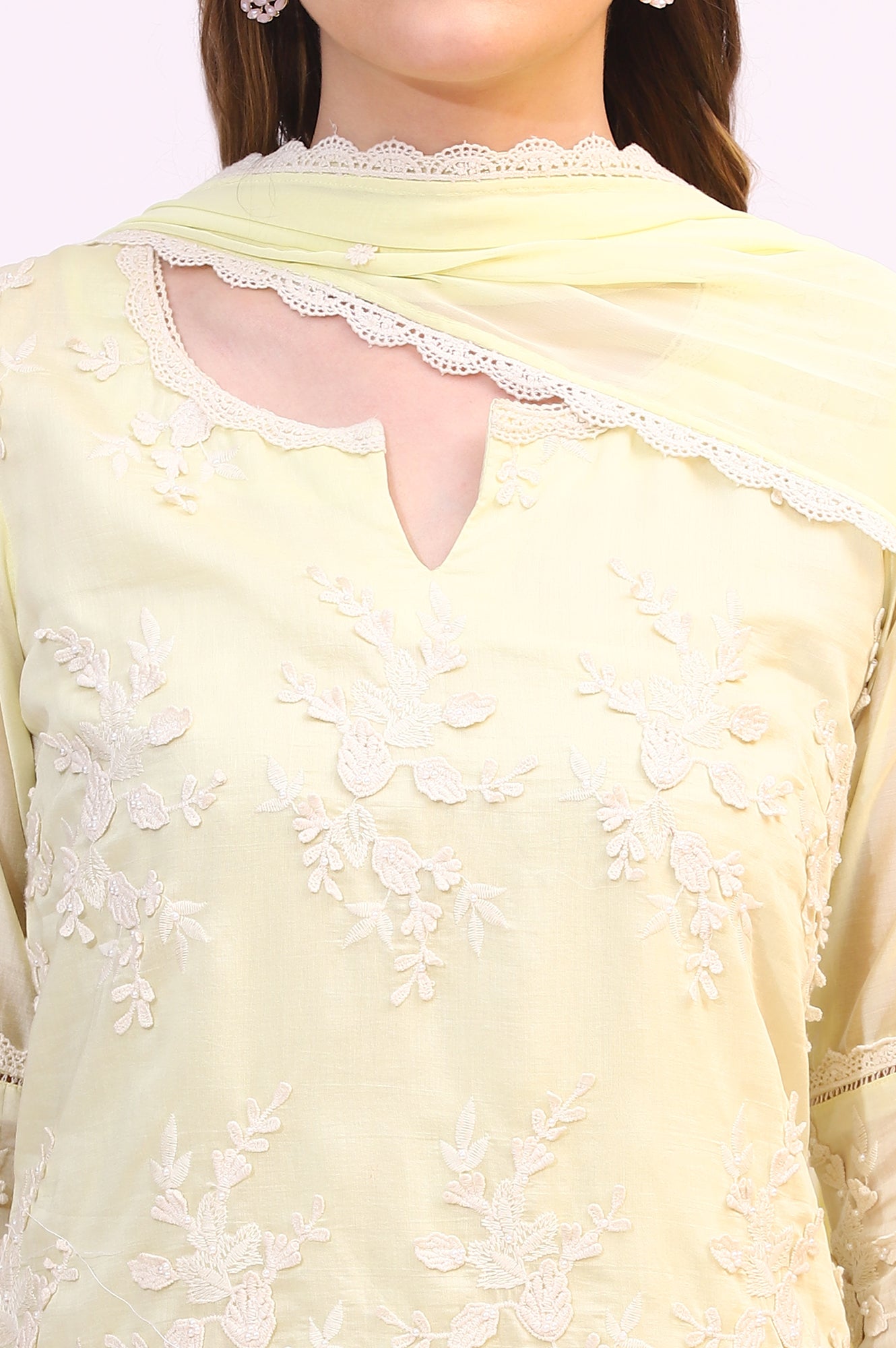 Lime Yellow Thread Embroidered Straight Kurta, Pants and Dupatta Set