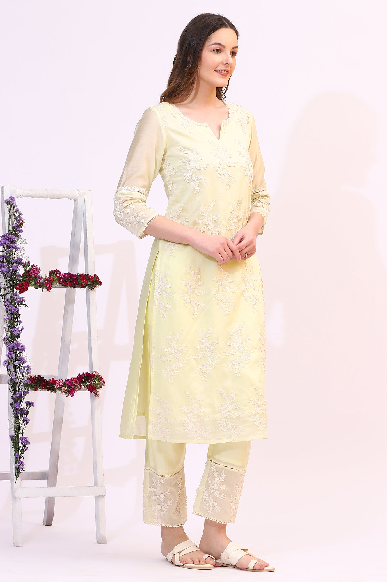 Lime Yellow Thread Embroidered Straight Kurta, Pants and Dupatta Set