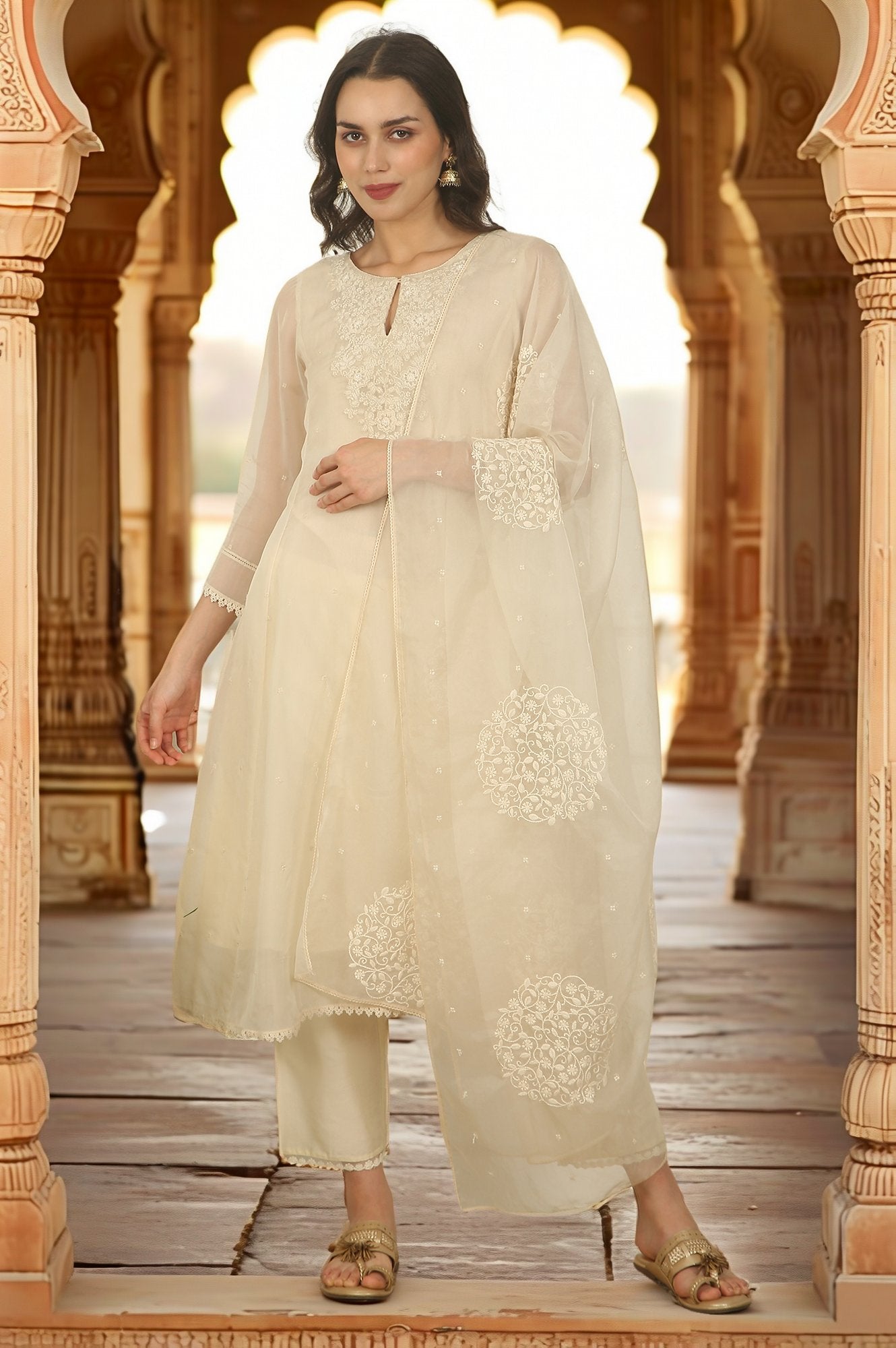 White Embroidered Organza Flared Kurta, Pants and Dupatta Set
