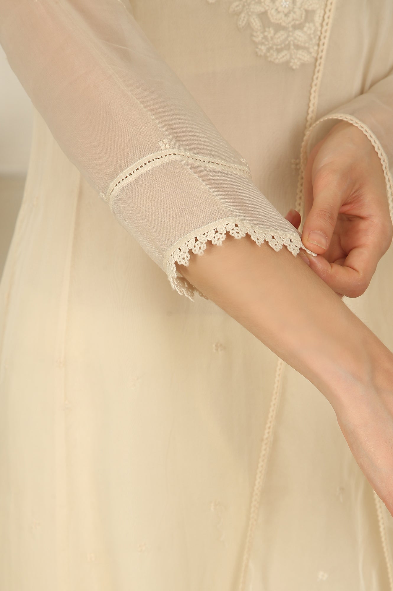 White Embroidered Organza Flared Kurta, Pants and Dupatta Set