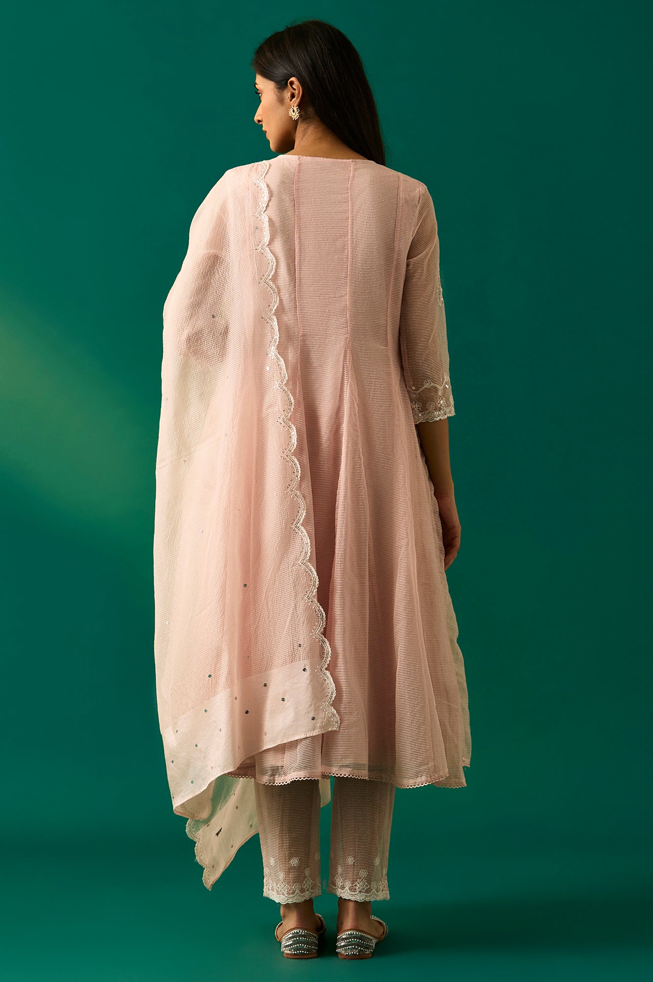 Pastel Pink Embroidered Festive Anarkali Kurta, Pants and Dupatta Set