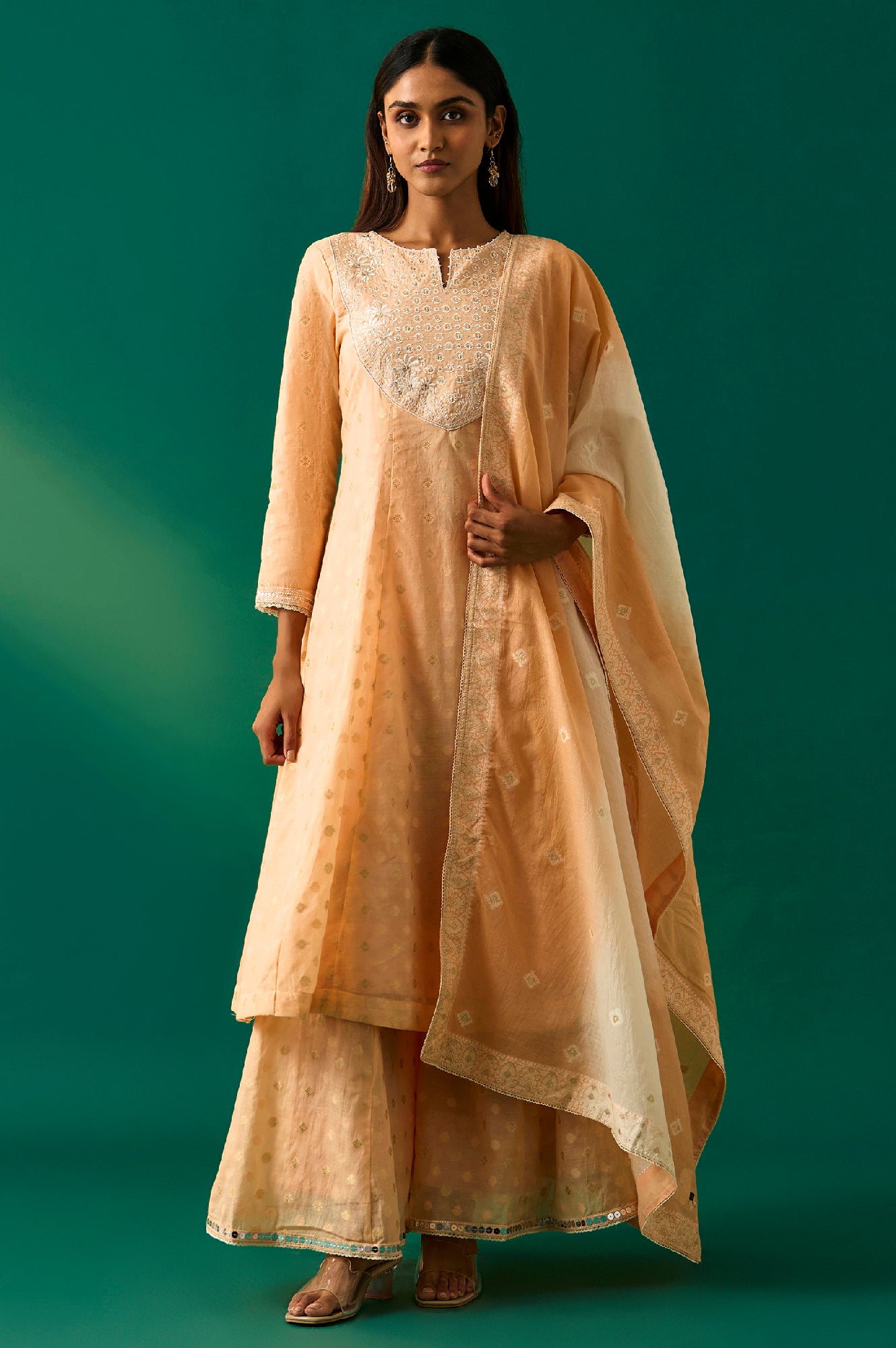 Peach Yarn Dyed Printed Chandari Jaquard Flared Kurta, Culotte and Dupatta Set