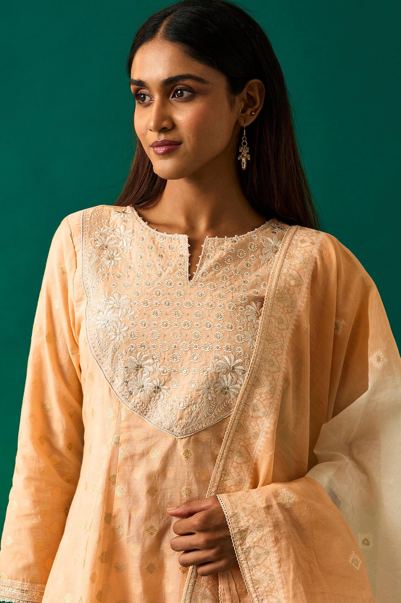 Peach Yarn Dyed Printed Chandari Jaquard Flared Kurta, Culotte and Dupatta Set