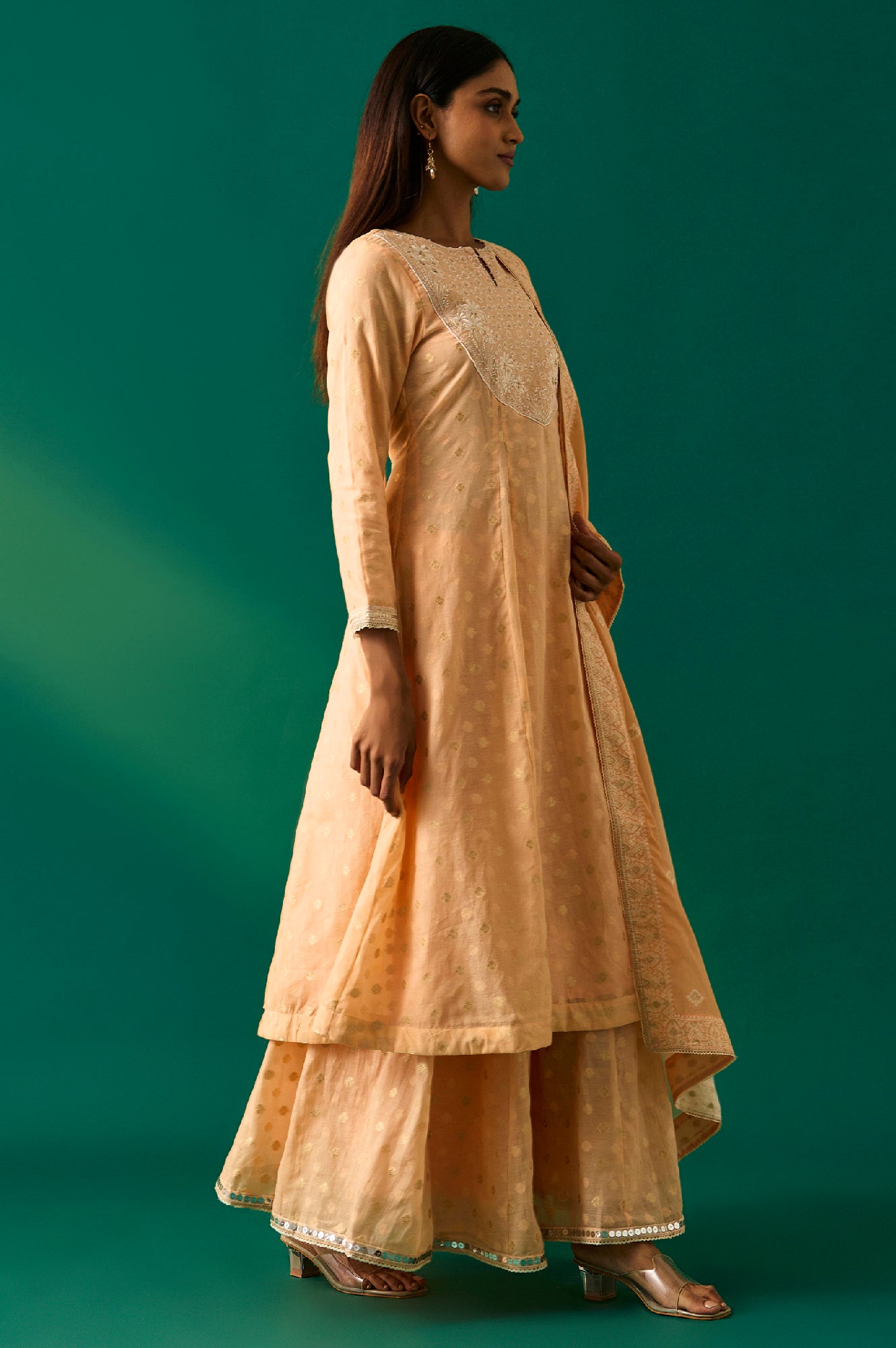 Peach Yarn Dyed Printed Chandari Jaquard Flared Kurta, Culotte and Dupatta Set
