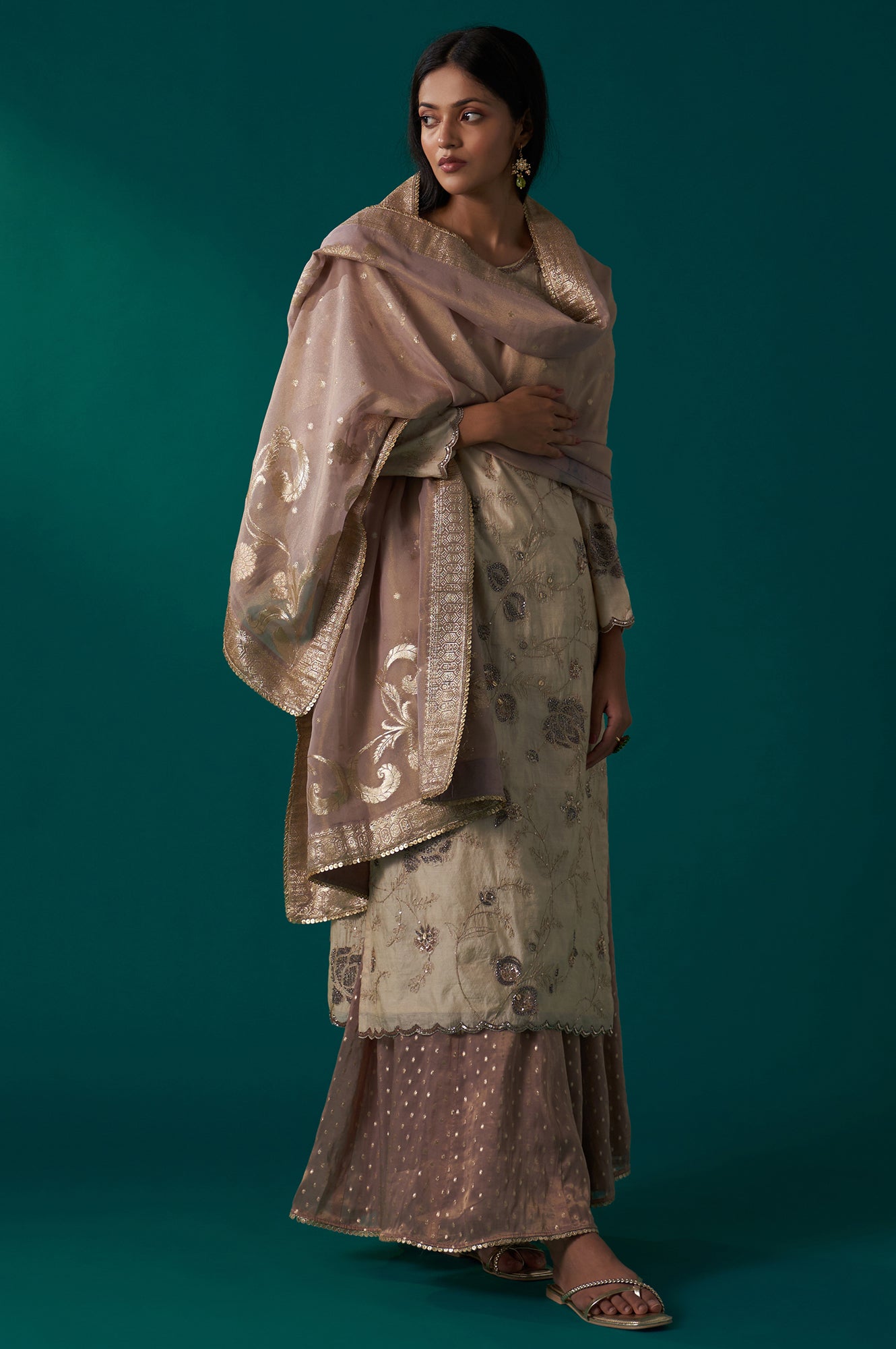 Light Gold Heavy Embroidered Straight Tissue Chanderi Kurta with Culottes and Dupatta Set