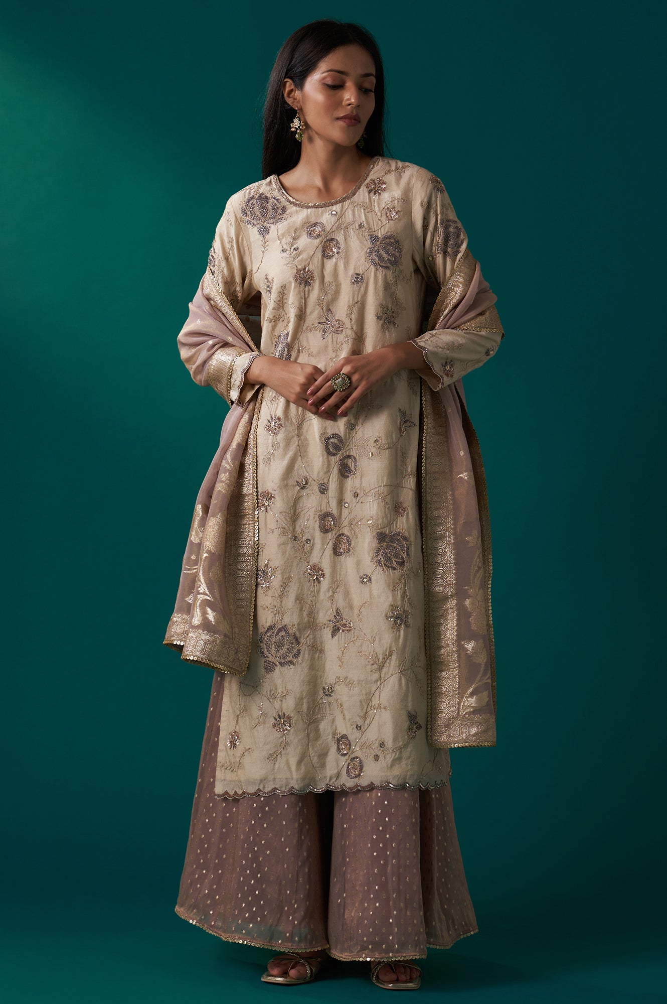 Light Gold Heavy Embroidered Straight Tissue Chanderi Kurta with Culottes and Dupatta Set