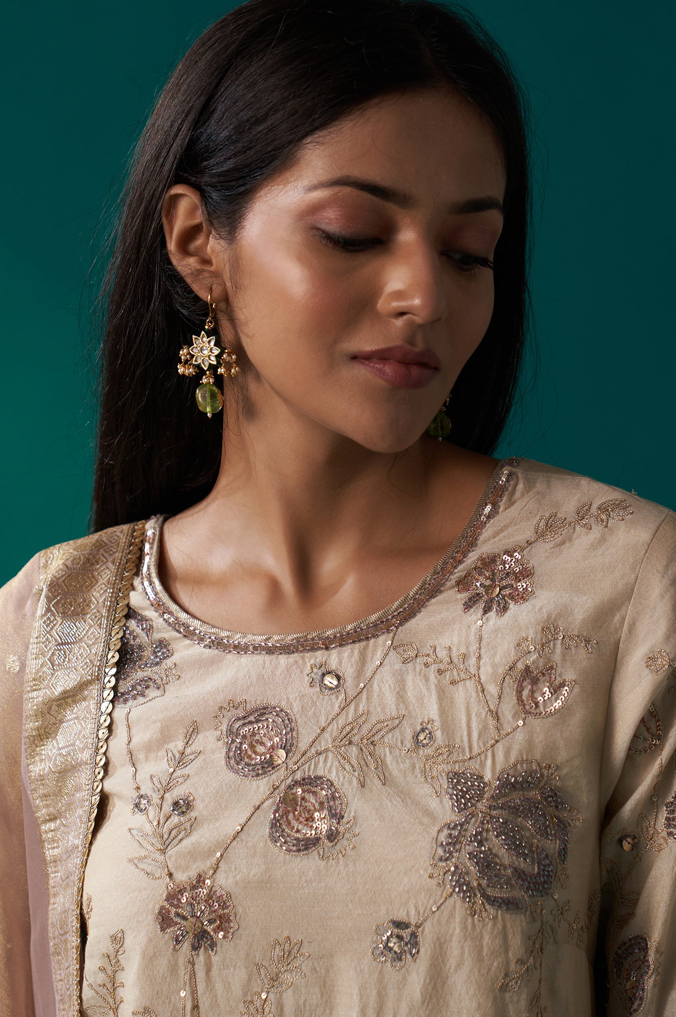 Light Gold Heavy Embroidered Straight Tissue Chanderi Kurta with Culottes and Dupatta Set