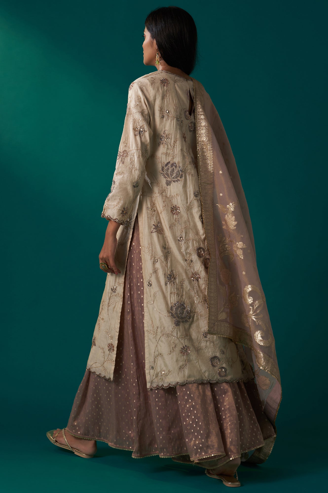 Light Gold Heavy Embroidered Straight Tissue Chanderi Kurta with Culottes and Dupatta Set