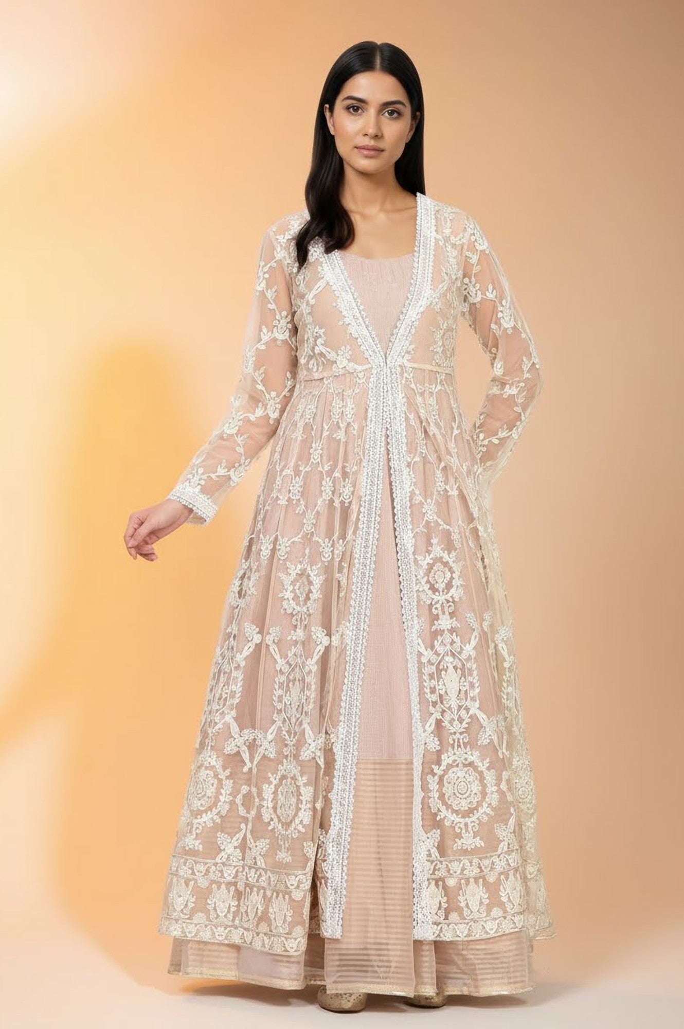 Old Rose Sequin Embroidered Mesh Jacket and Dress Set