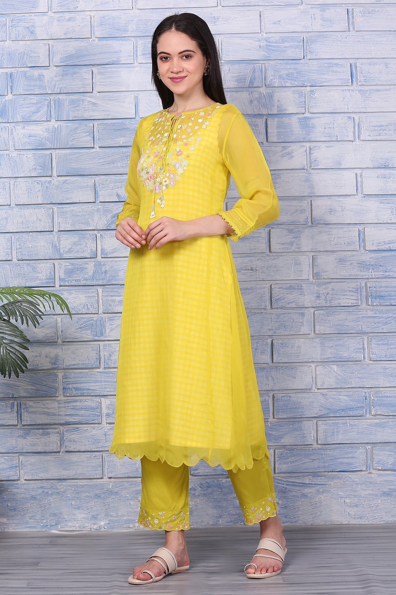 Yellow Embroidered A-line Organza Festive Kurta, Pants and Dupatta Set