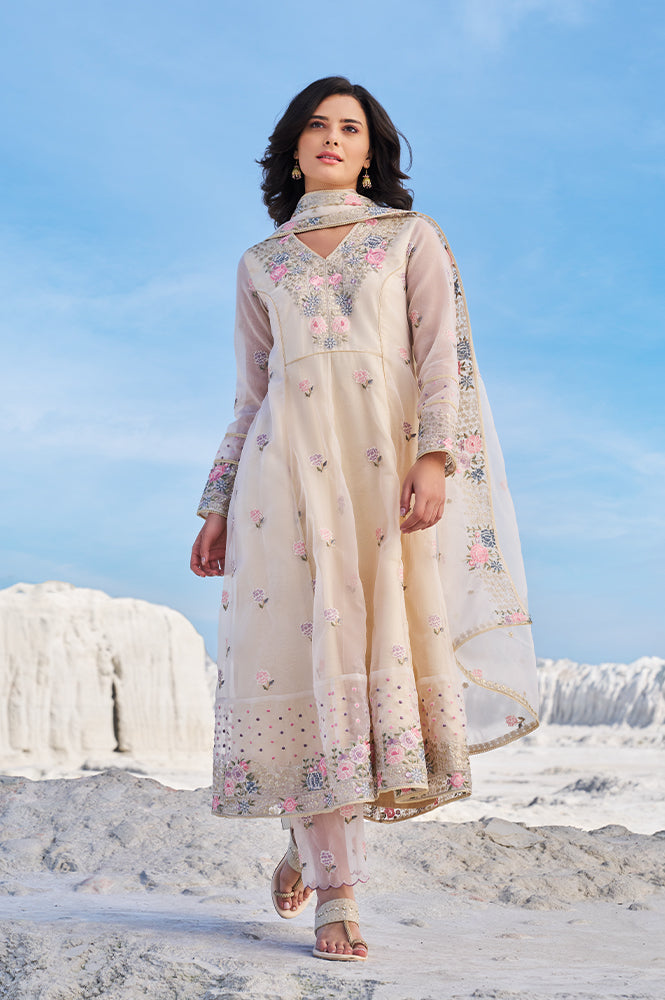 Powder Yellow Embroidered Organza Flared Kurta, Straight Pants and Dupatta Set