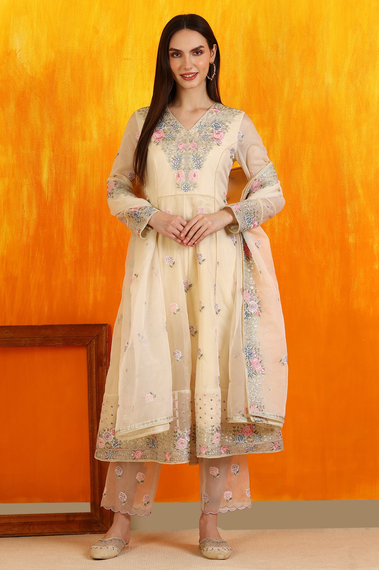 Powder Yellow Embroidered Organza Flared Kurta, Straight Pants and Dupatta Set