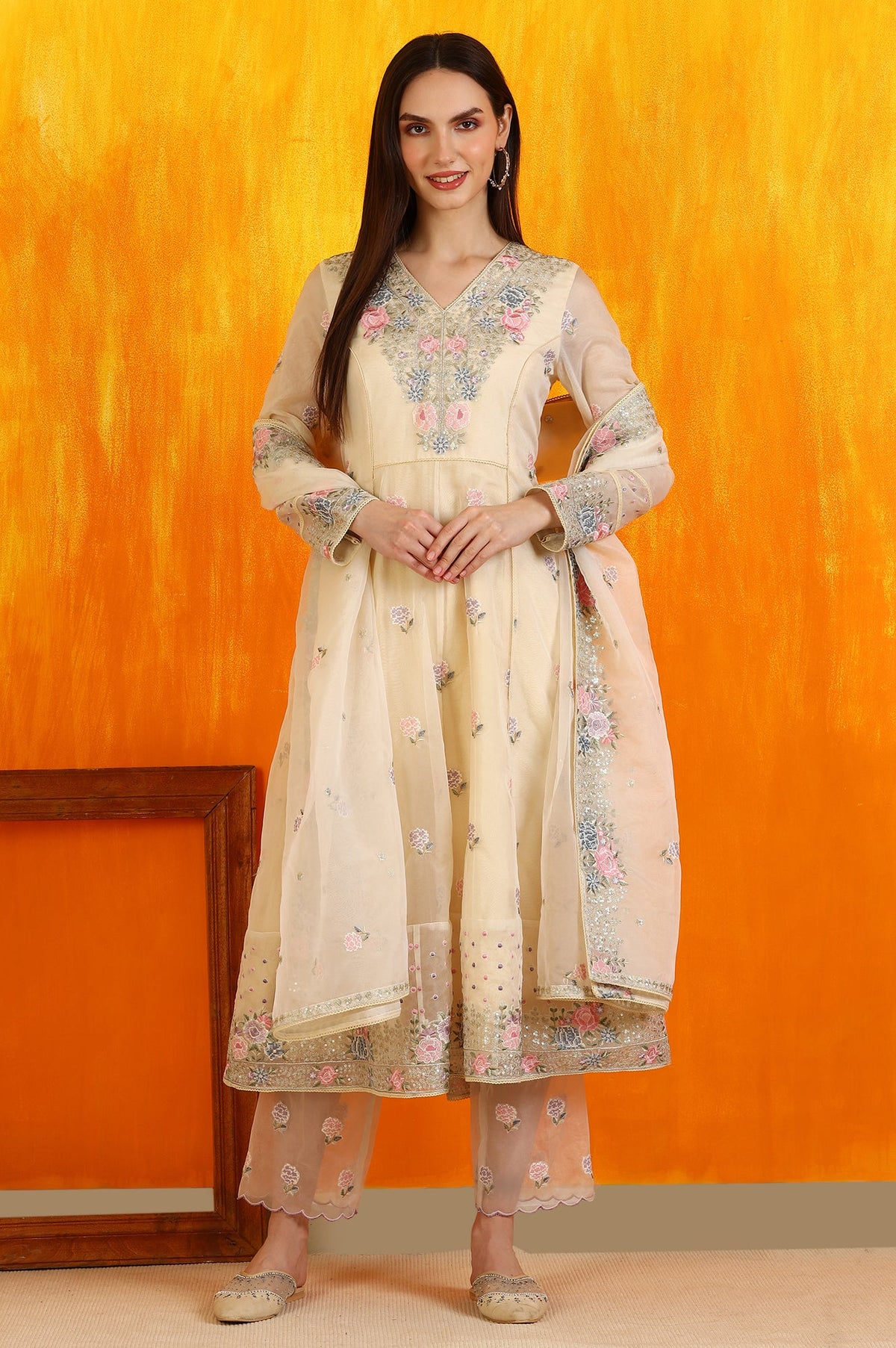 Yellow Embroidered Organza Flared Kurta, Straight Pants and Dupatta Set