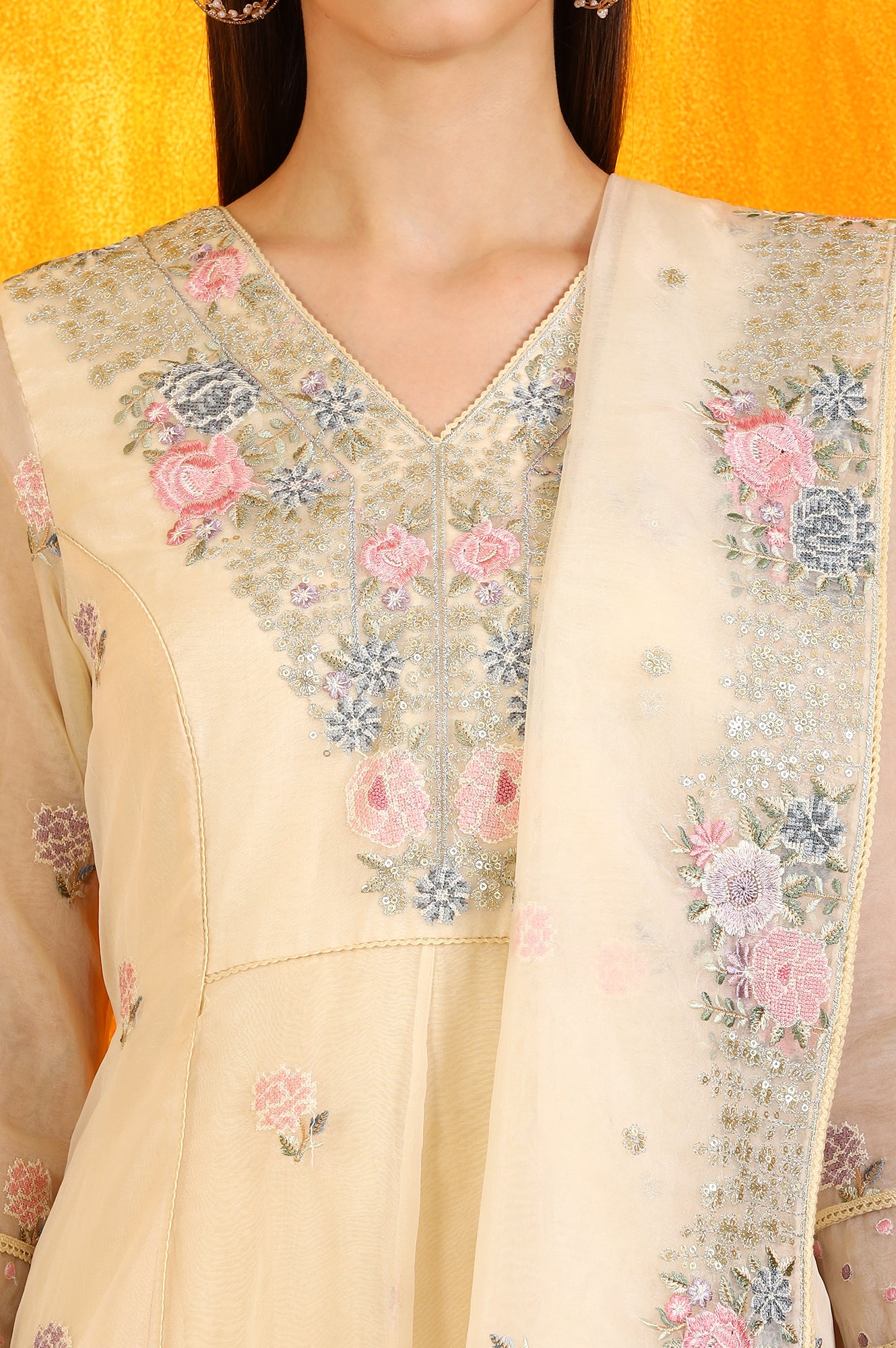 Powder Yellow Embroidered Organza Flared Kurta, Straight Pants and Dupatta Set