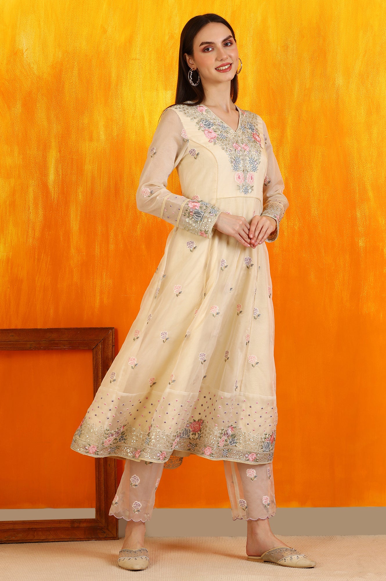 Powder Yellow Embroidered Organza Flared Kurta, Straight Pants and Dupatta Set