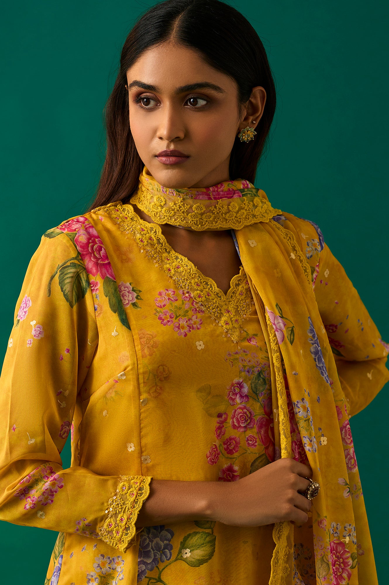 Yellow Floral Printed Organza Flared Kurta, Pants and Dupatta Set