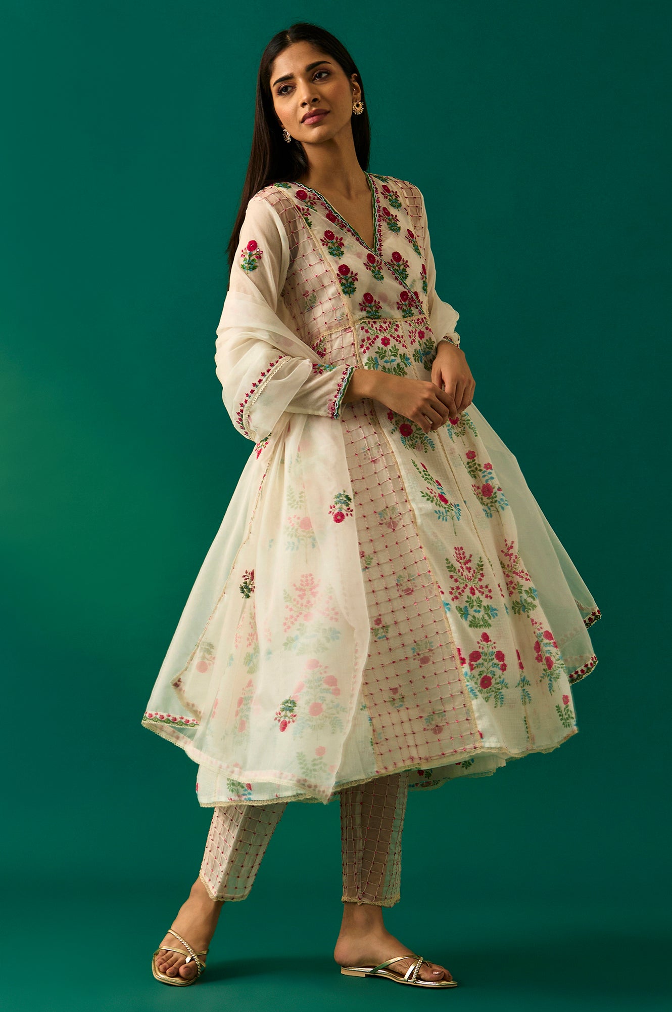 Off-White Floral Embroidered Anarkali Kurta with Straight Pant and Dupatta Set