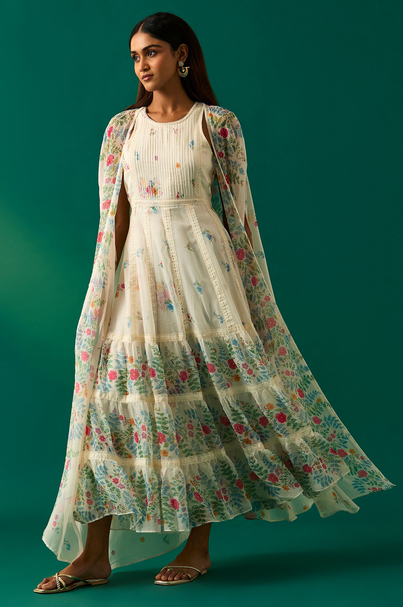 White Floral Printed Chiffon Tiered Flared Dress with Printed Cape