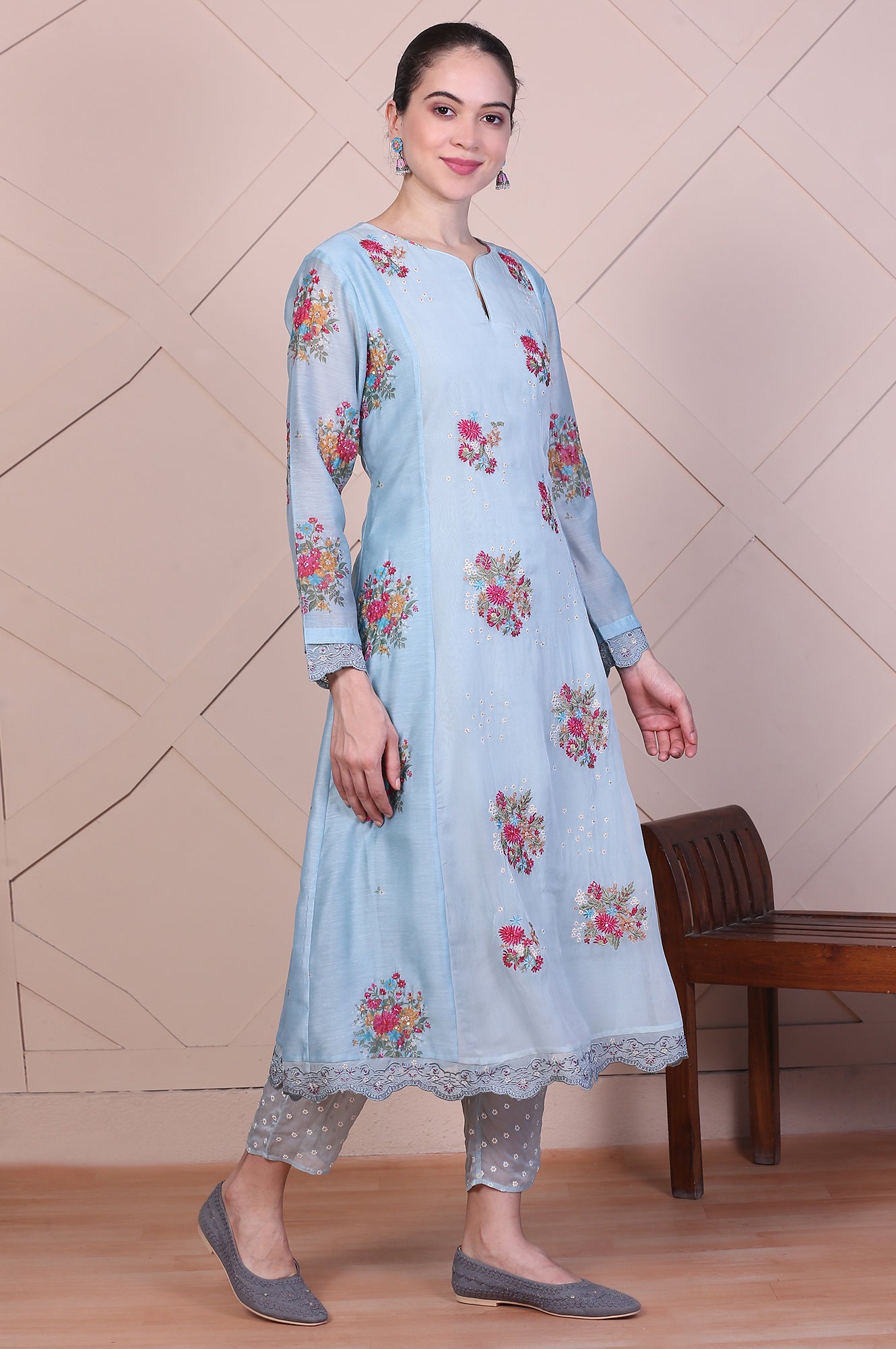 Blue Dori Embroidery Flared Organza Kurta, Pants and Dupatta Set