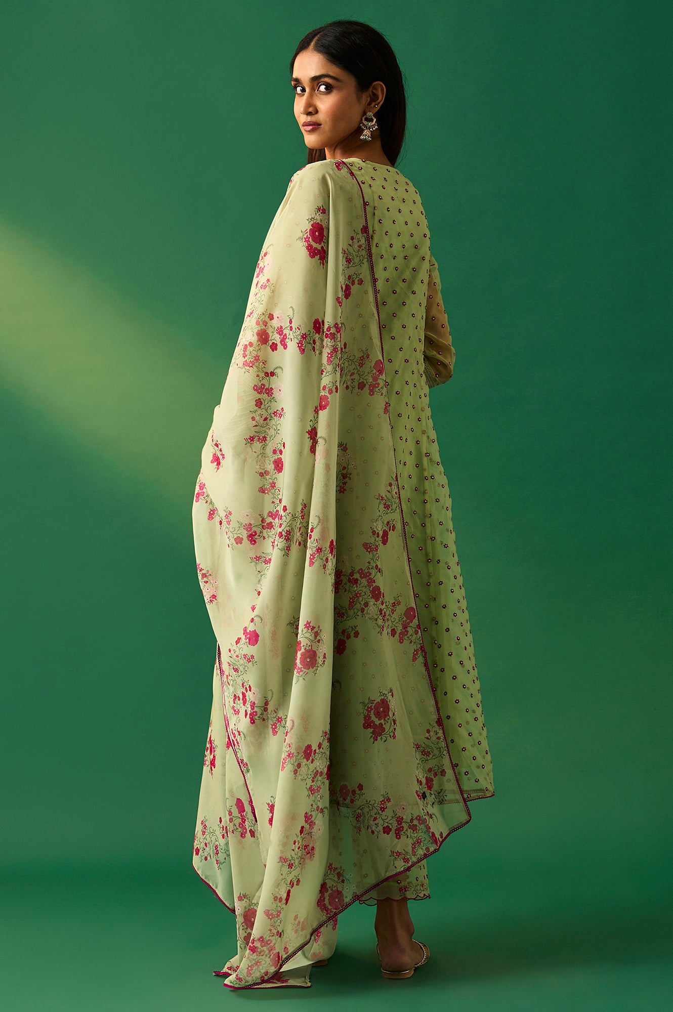 Green Embroidered Organza Flared Kurta, Pant and Printed Dupatta Set
