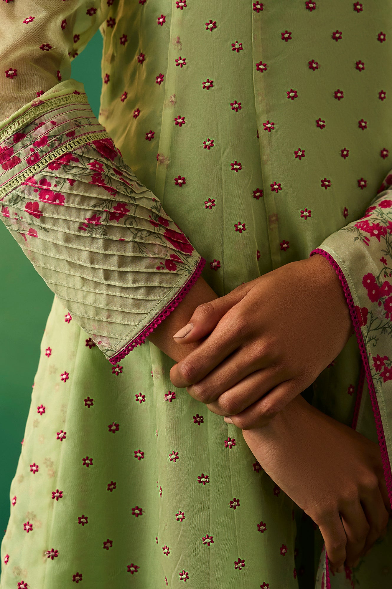 Green Embroidered Organza Flared Kurta, Pant and Printed Dupatta Set