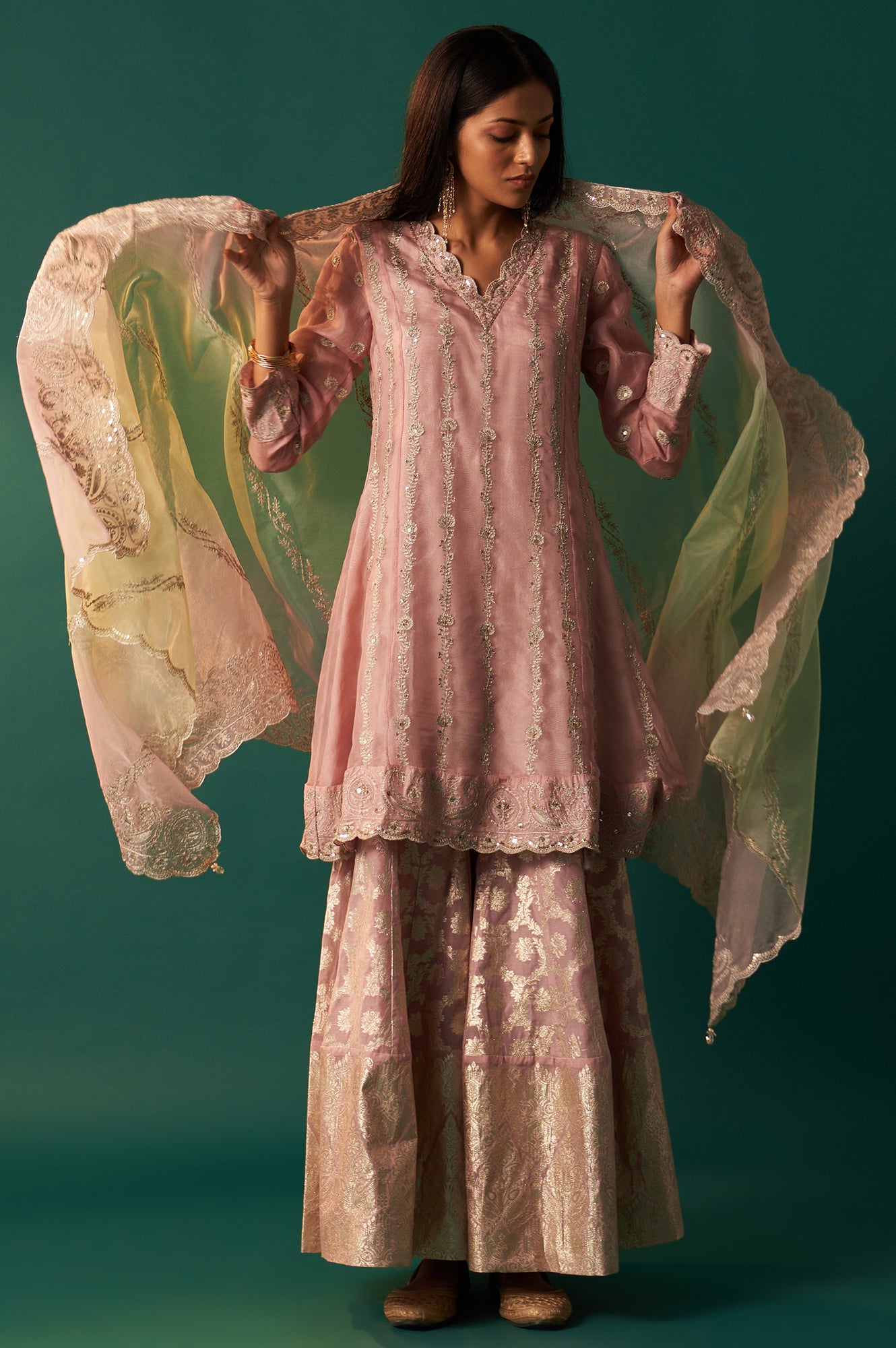 Lilac Embroidered Panelled Silk Organza Short Kurta with Culotte and Dupatta Set