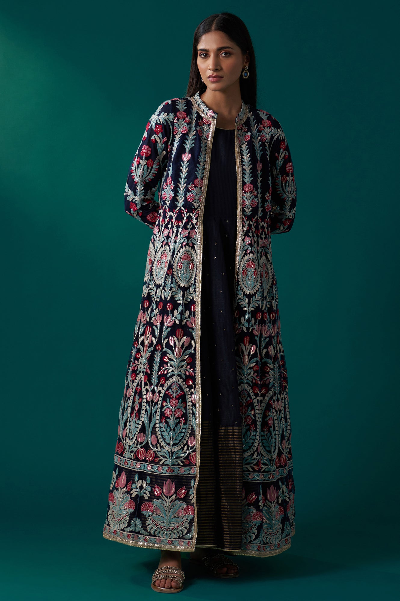 Navy Blue Aari Embroidery Panelled Jacket and Sleeveless Anarkali Dress Set