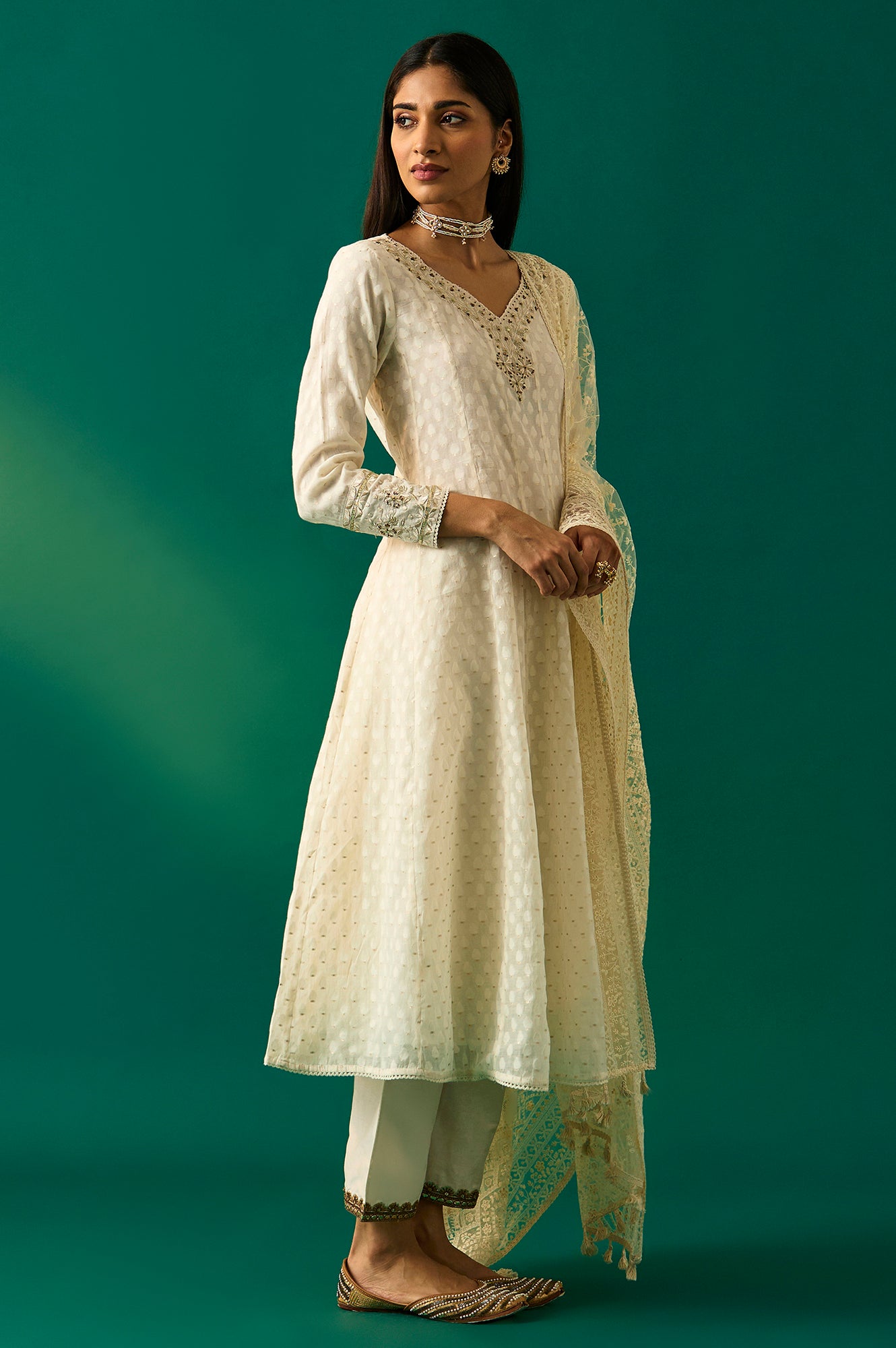 Off-White Embroidered Anarkali Cotton Kurta with Straight Pants and Dupatta Set