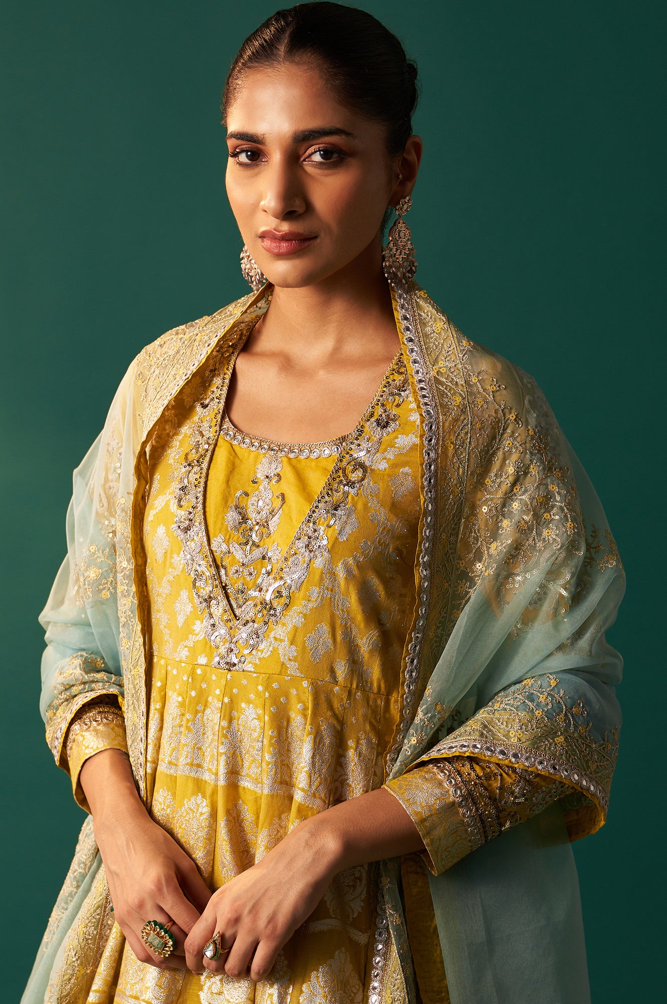 Celery Green Zari Embroidered Anarkali Jacquard Dress and Dupatta Set