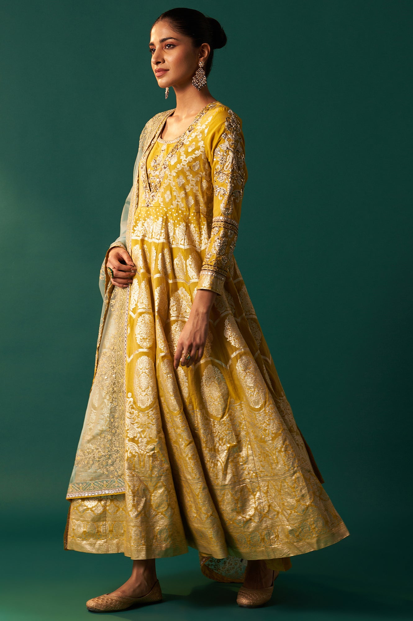 Celery Green Zari Embroidered Anarkali Jacquard Dress and Dupatta Set