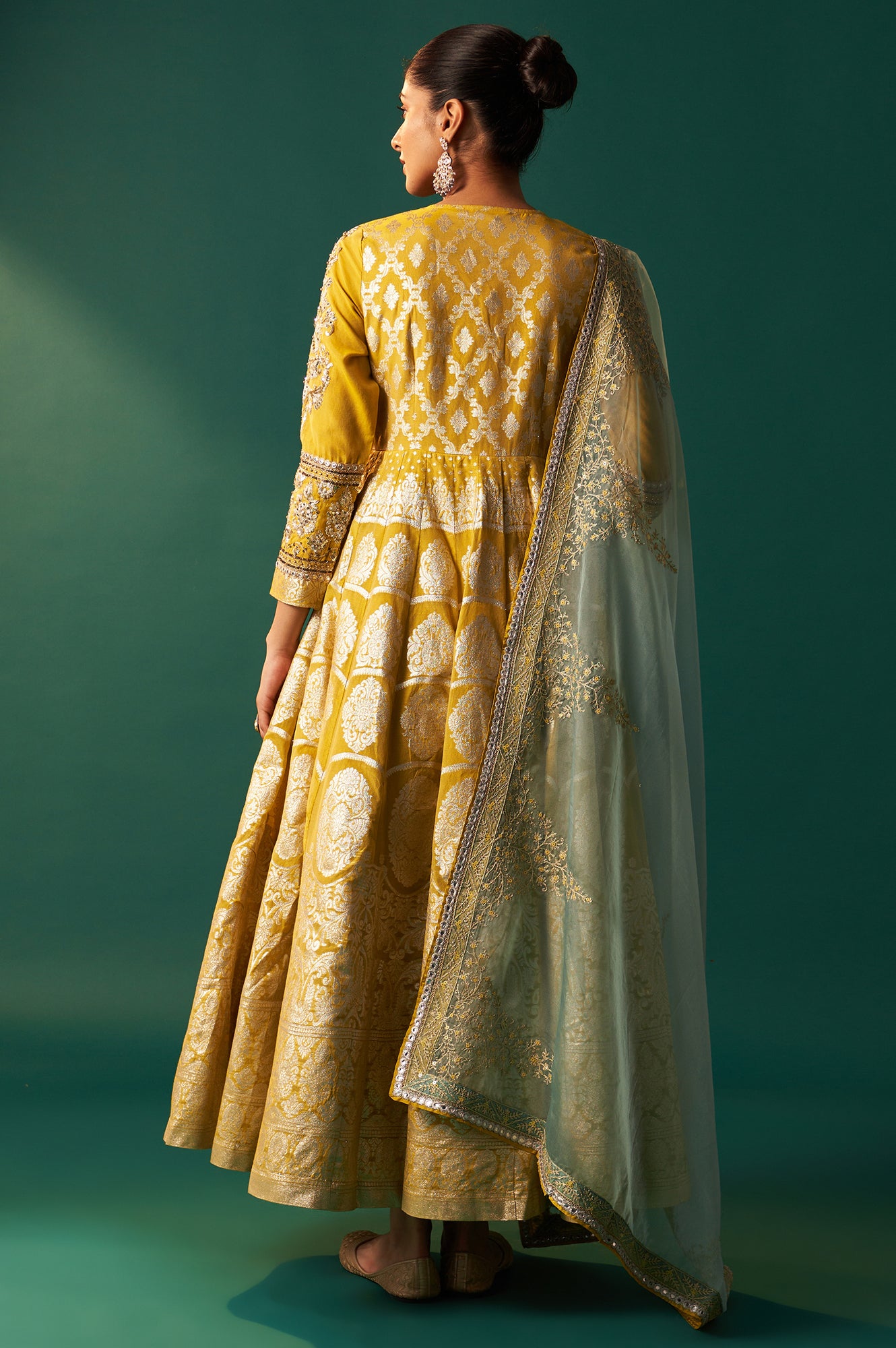 Celery Green Zari Embroidered Anarkali Jacquard Dress and Dupatta Set