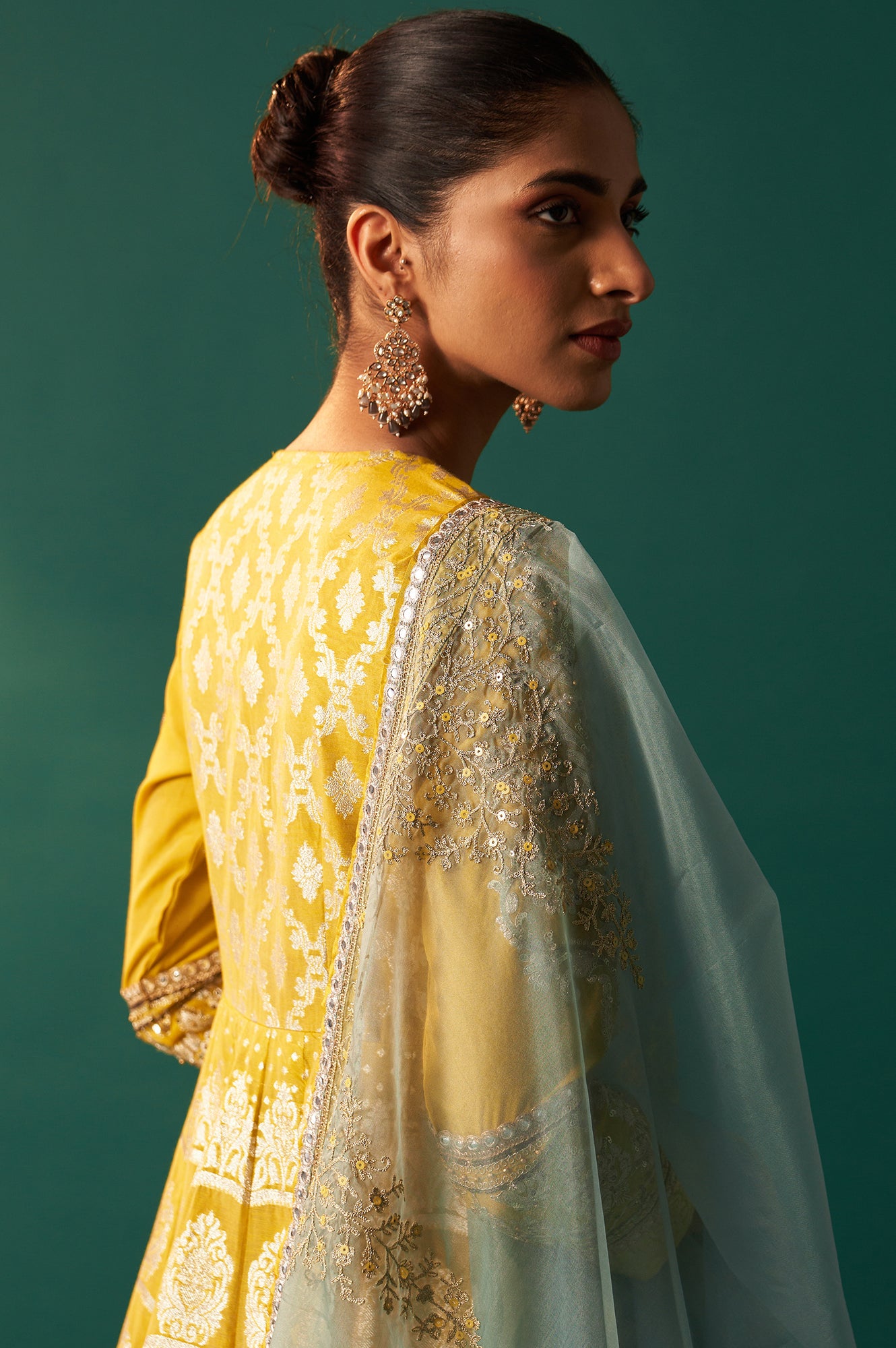 Celery Green Zari Embroidered Anarkali Jacquard Dress and Dupatta Set