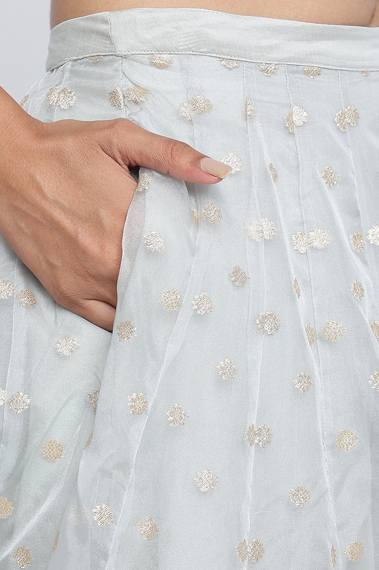 Sky Blue Solid Printed Chandari Silk Flared Blouse, Skirt and Dupatta Set