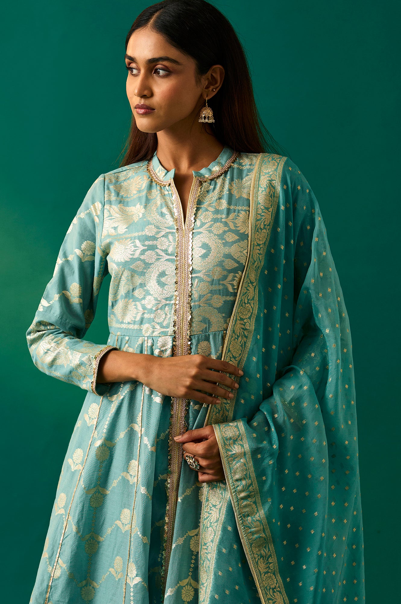 Aqua Green Zari Embroidered Jacquard Anarkali and Dupatta Set