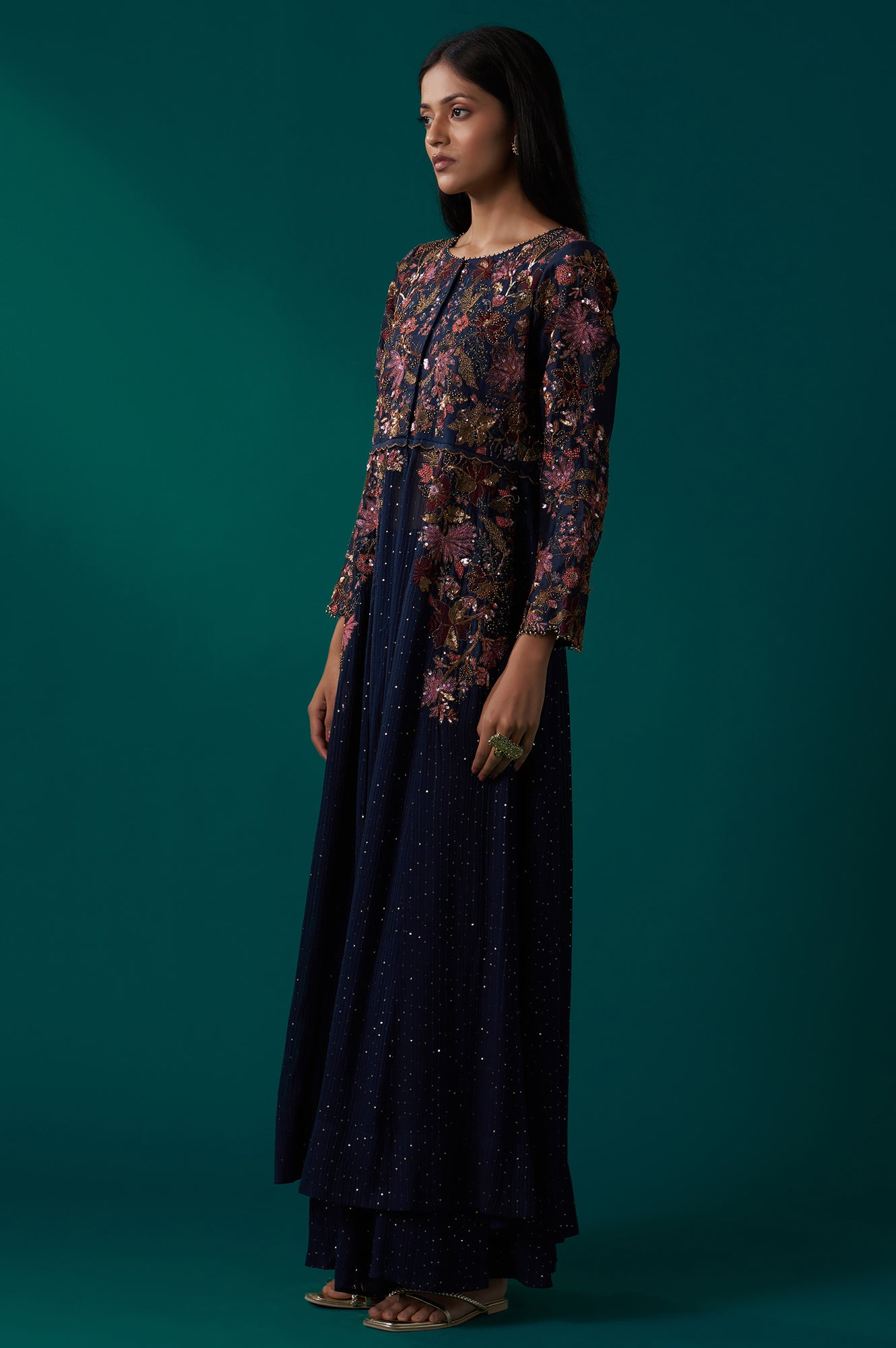 Navy Blue Heavy Embroidered Flared Georgette Kurta with Culottes Set
