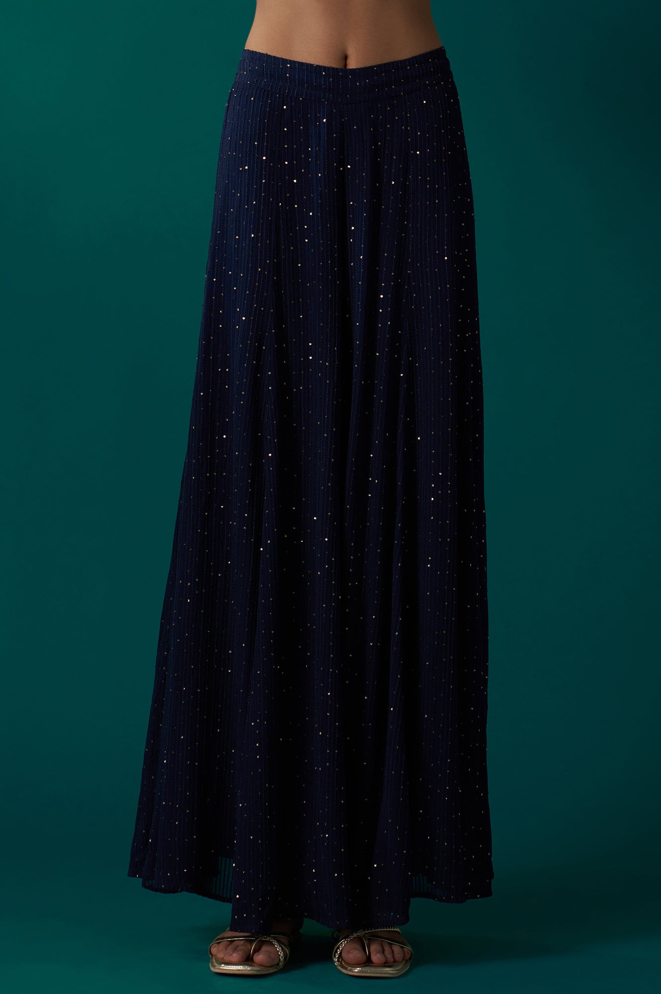 Navy Blue Heavy Embroidered Flared Georgette Kurta with Culottes Set