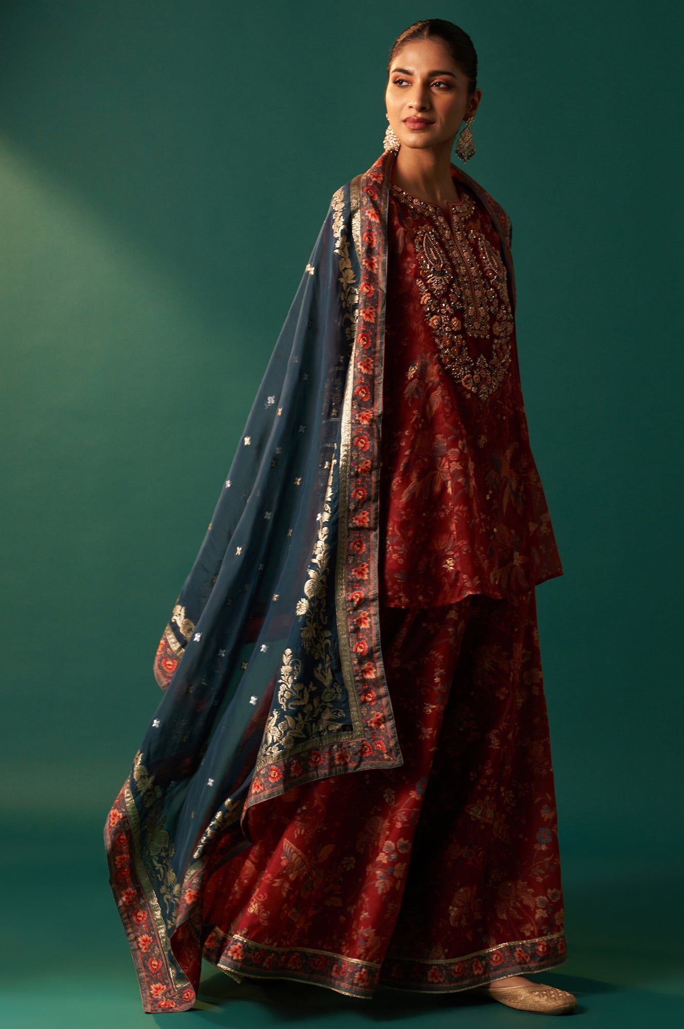 Red Floral Printed Embroidered Flared Organza Kurta with Culottes and Dupatta Set