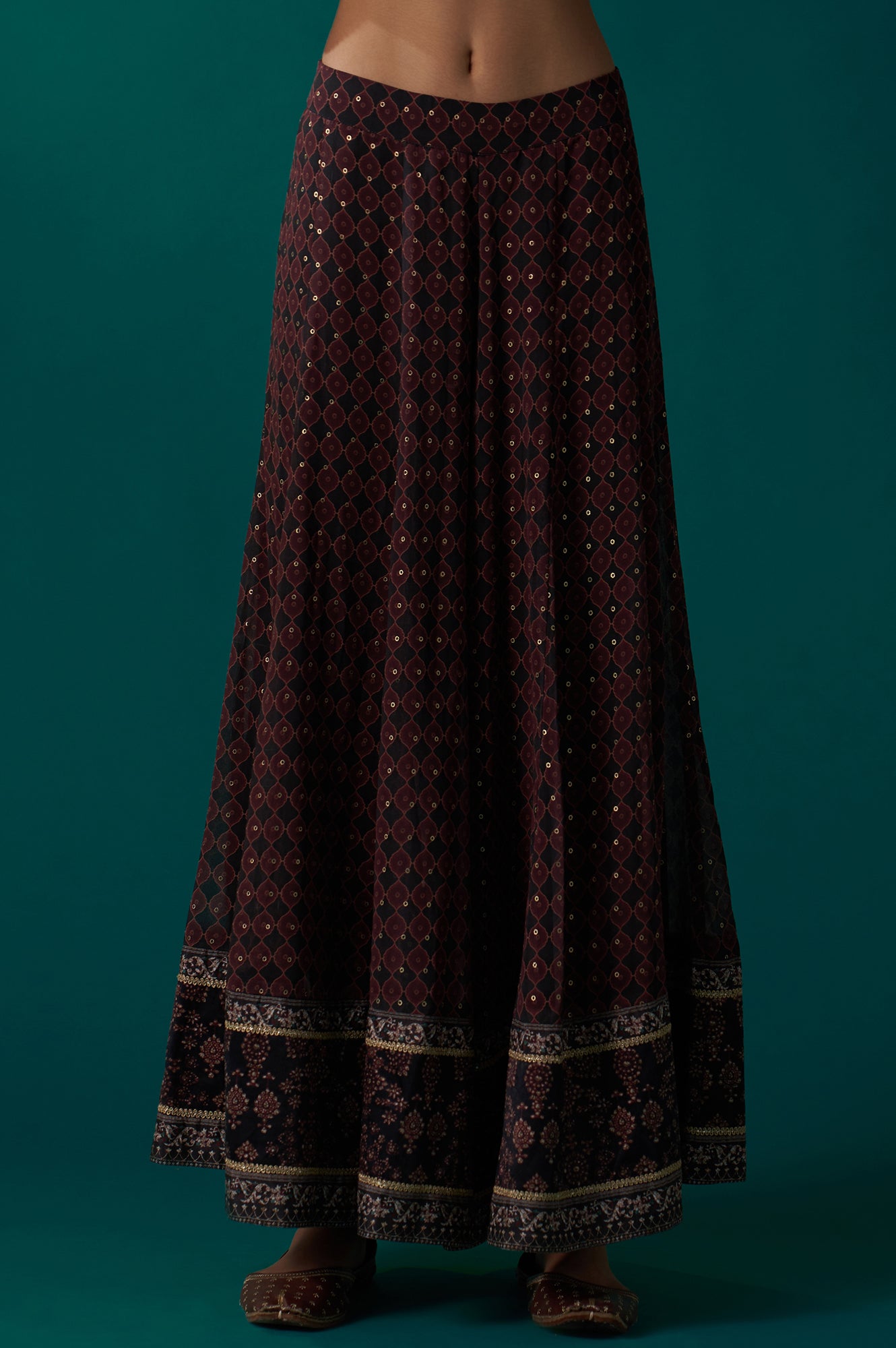 Red Abstract Printed Beaded A-Line Organza Kurta with Culottes and Dupatta Set