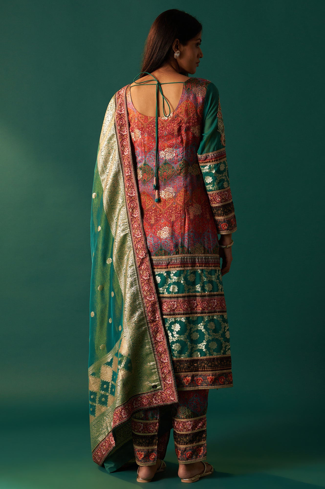 Multicolour Printed Jacquard Straight Kurta, Straight Pant and Dupatta Set