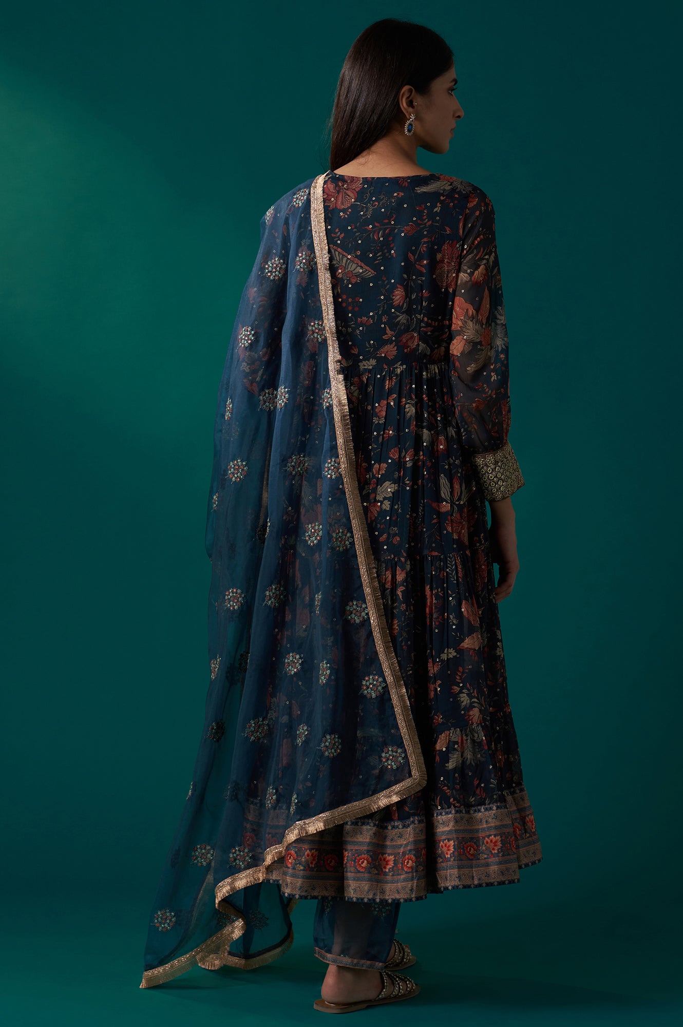 Teal Floral Printed Metallic Embroidery Anarkali Kurta with Parallel Pants and Dupatta Set