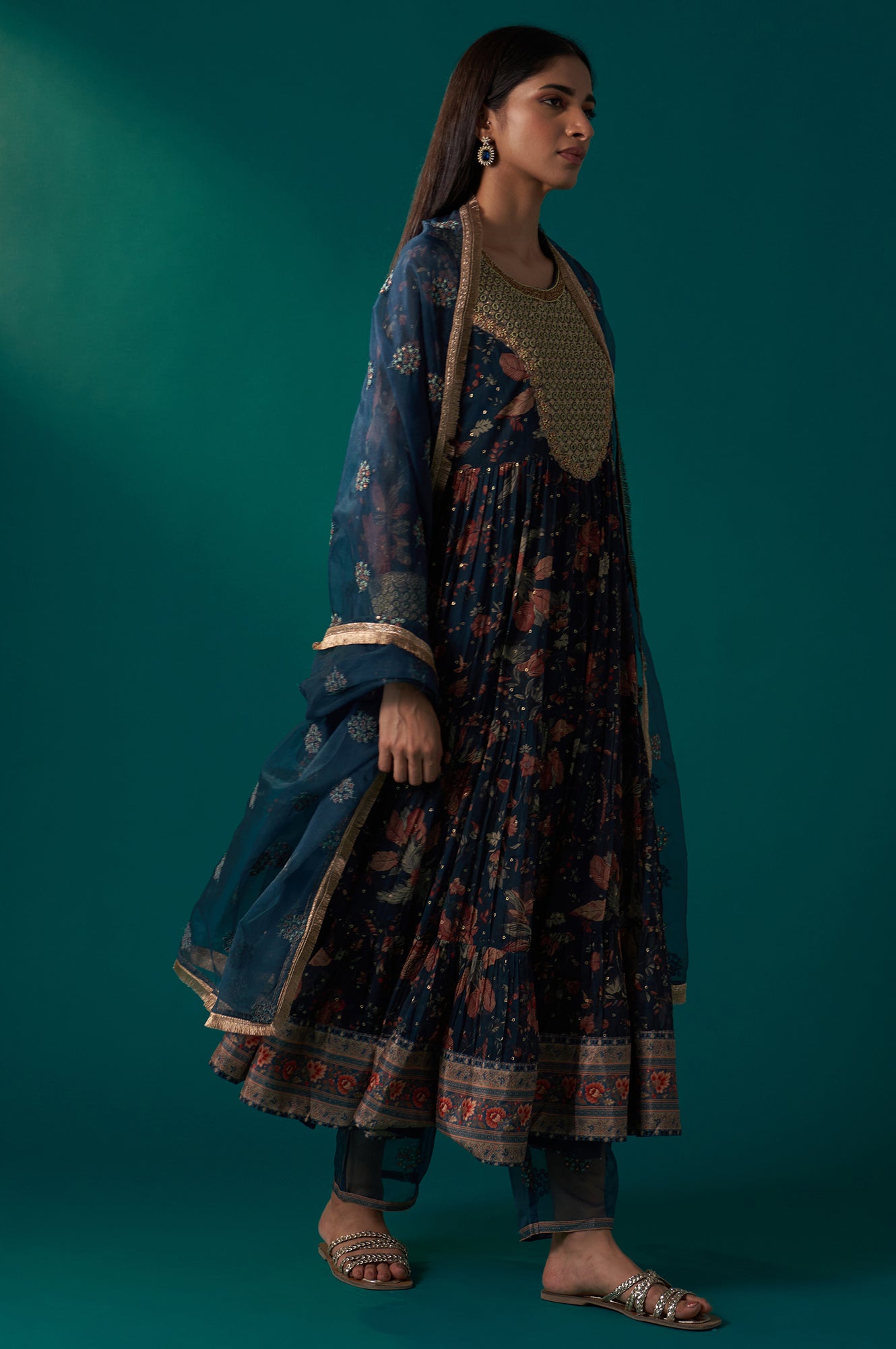 Teal Floral Printed Metallic Embroidery Anarkali Kurta with Parallel Pants and Dupatta Set