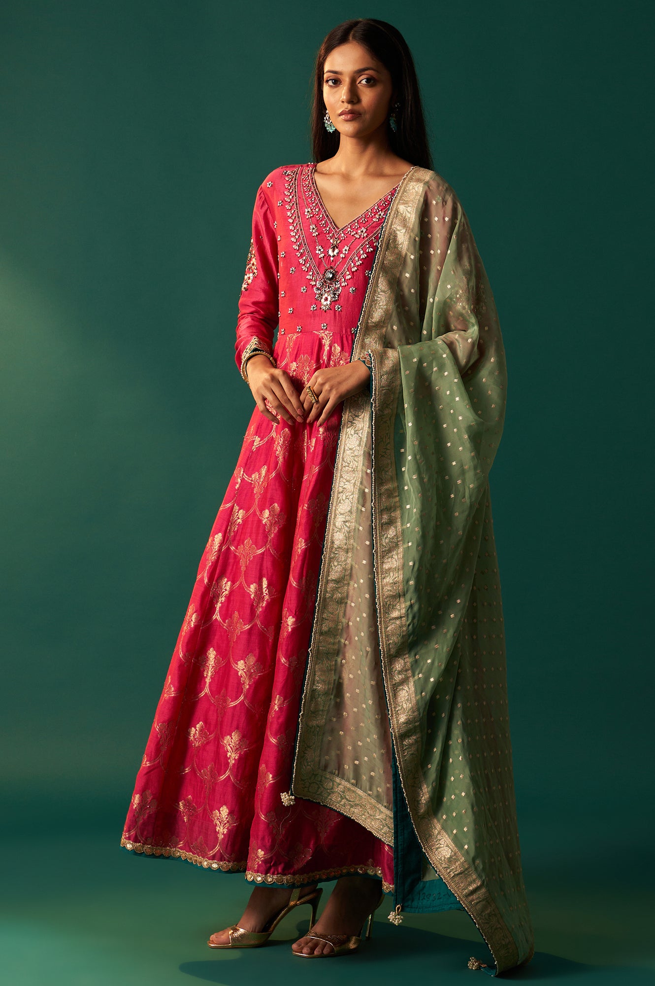 Pink Embroidered Chanderi Jaquard Zari Anarkali Kurta with Churidar and Dupatta Set