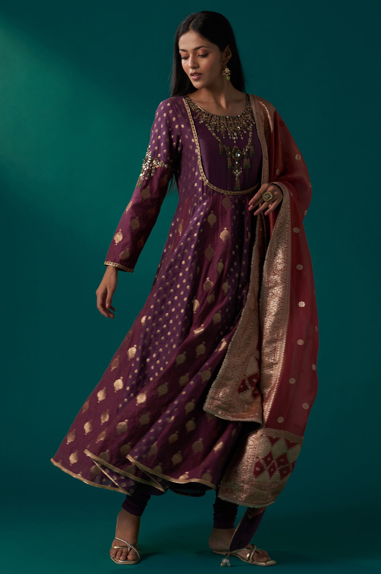 Purple Zari Embroidered Chanderi Jacquard Anarkali Kurta with Churidar and Dupatta Set