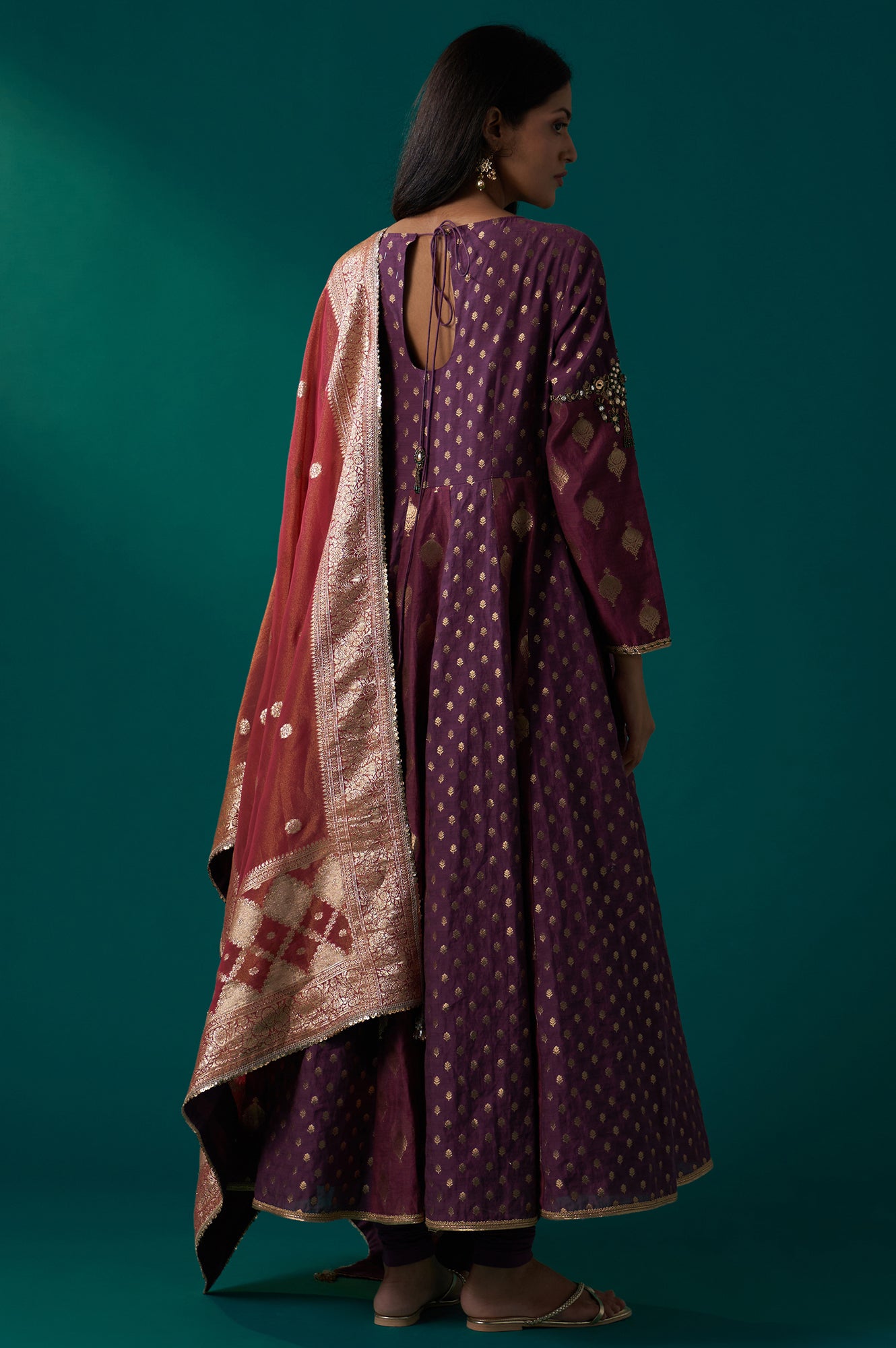 Purple Zari Embroidered Chanderi Jacquard Anarkali Kurta with Churidar and Dupatta Set